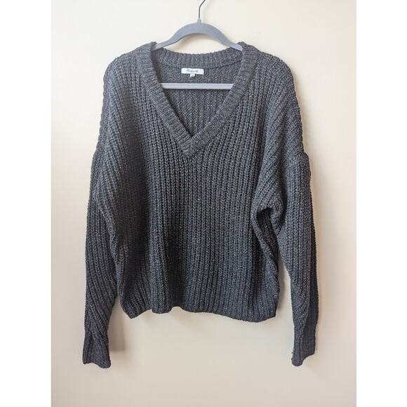 Madewell Dark Grey Wool Blend Chunky Knit V-neck sweater Womens Medium - Picture 1 of 6